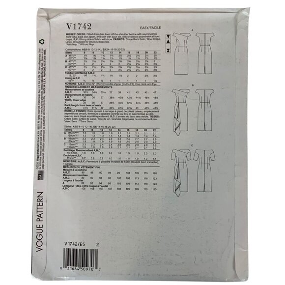 Vogue Sewing Pattern V1742 Asymmetrical Draped Dress Sizes 6-14 Uncut - Picture 2 of 3
